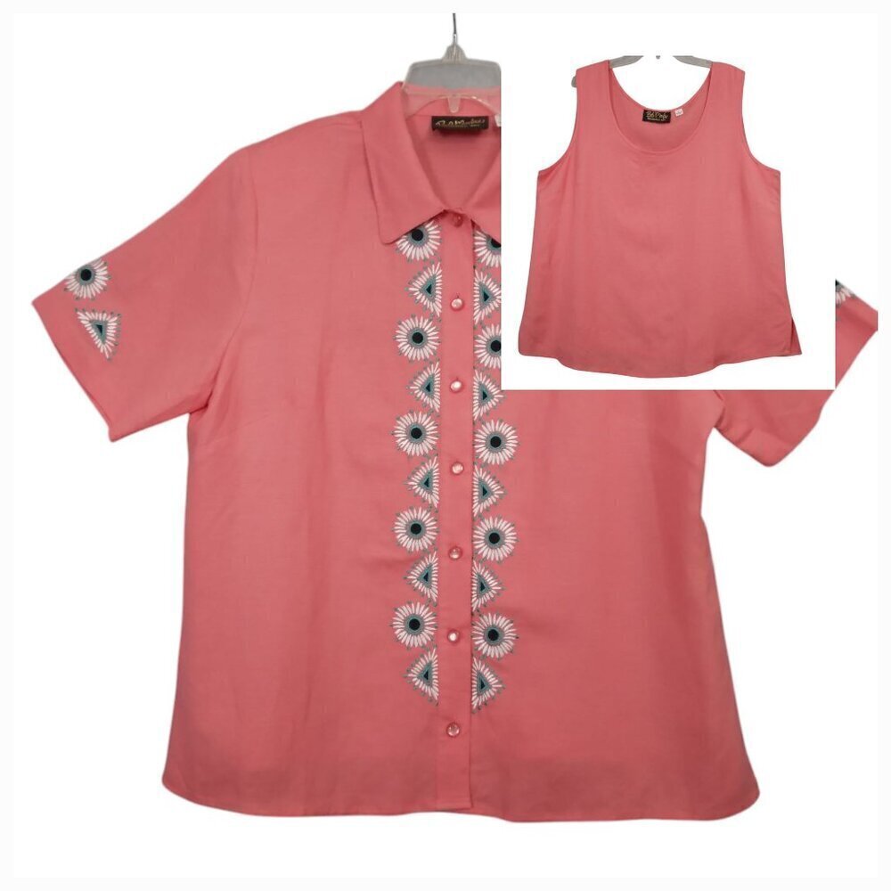 Bob Mackie 2 Pc Linen Embroidered Aztec Southwest Shirt with Tank Coral Size L